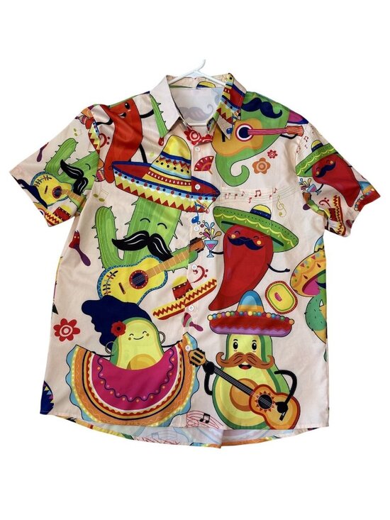 None Other - Fiesta-Themed Mens Button-Up Shirt Sombrero Avacodo Cactus Short-Sleeve XL Mens